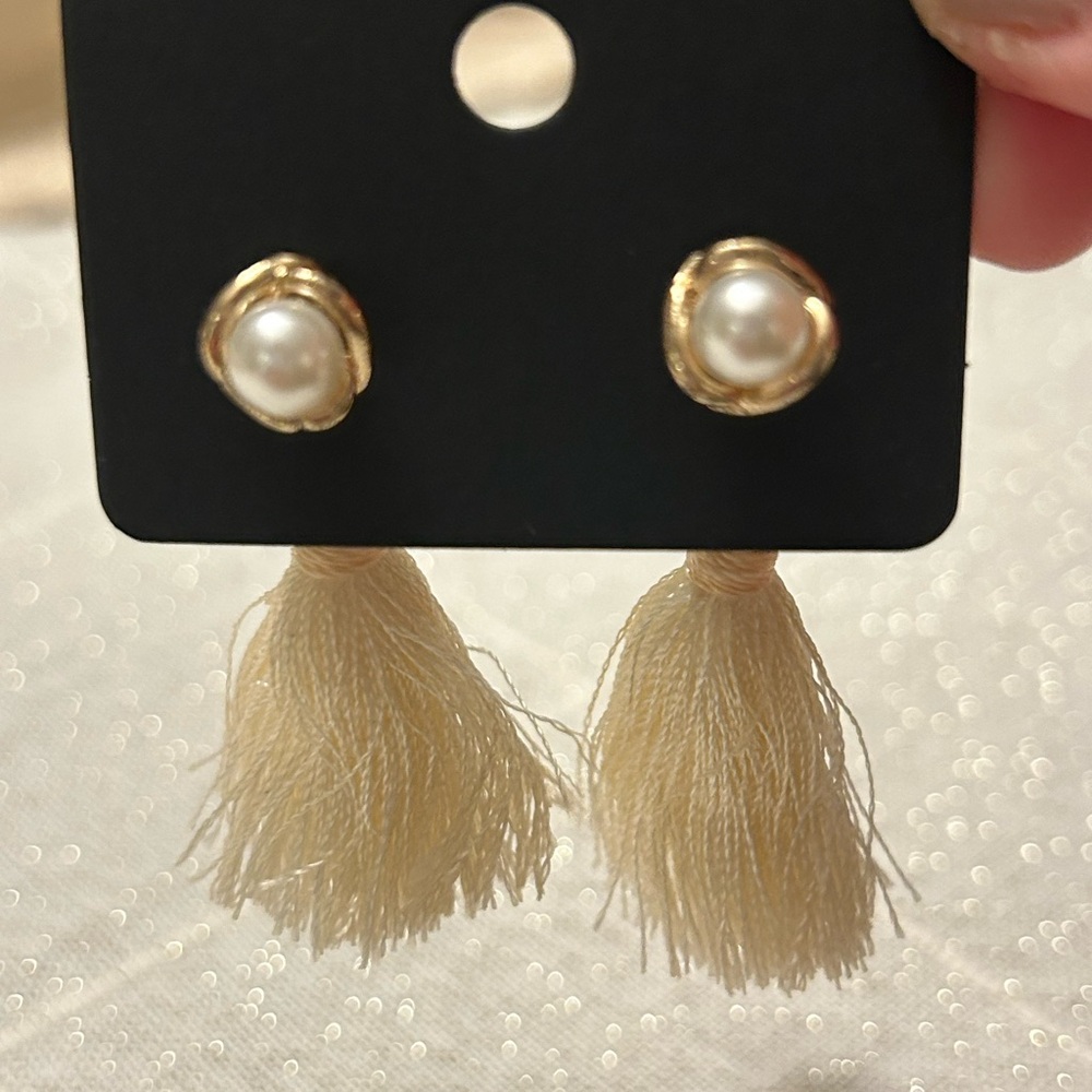 Gold and Cream Pearl Tassel Earrings